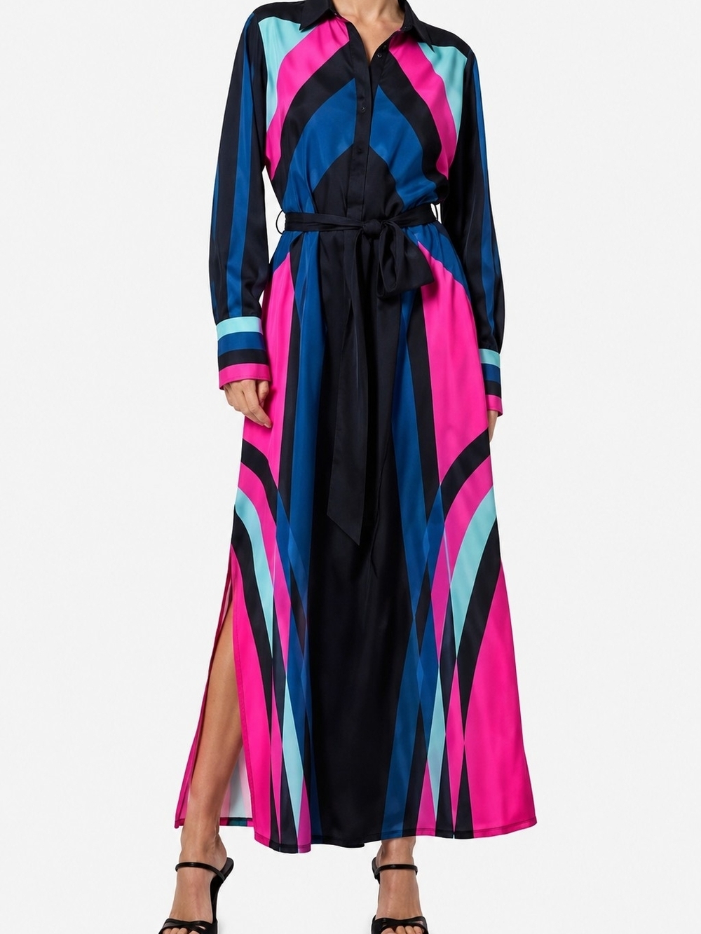 Ciebon Jynai Maxi Shirt Dress Bold Color-Block Chevron Stripes